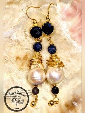 5.6  Natural Blue Sapphire In Long Gold Plated Earrings With Large Baroque Pearl